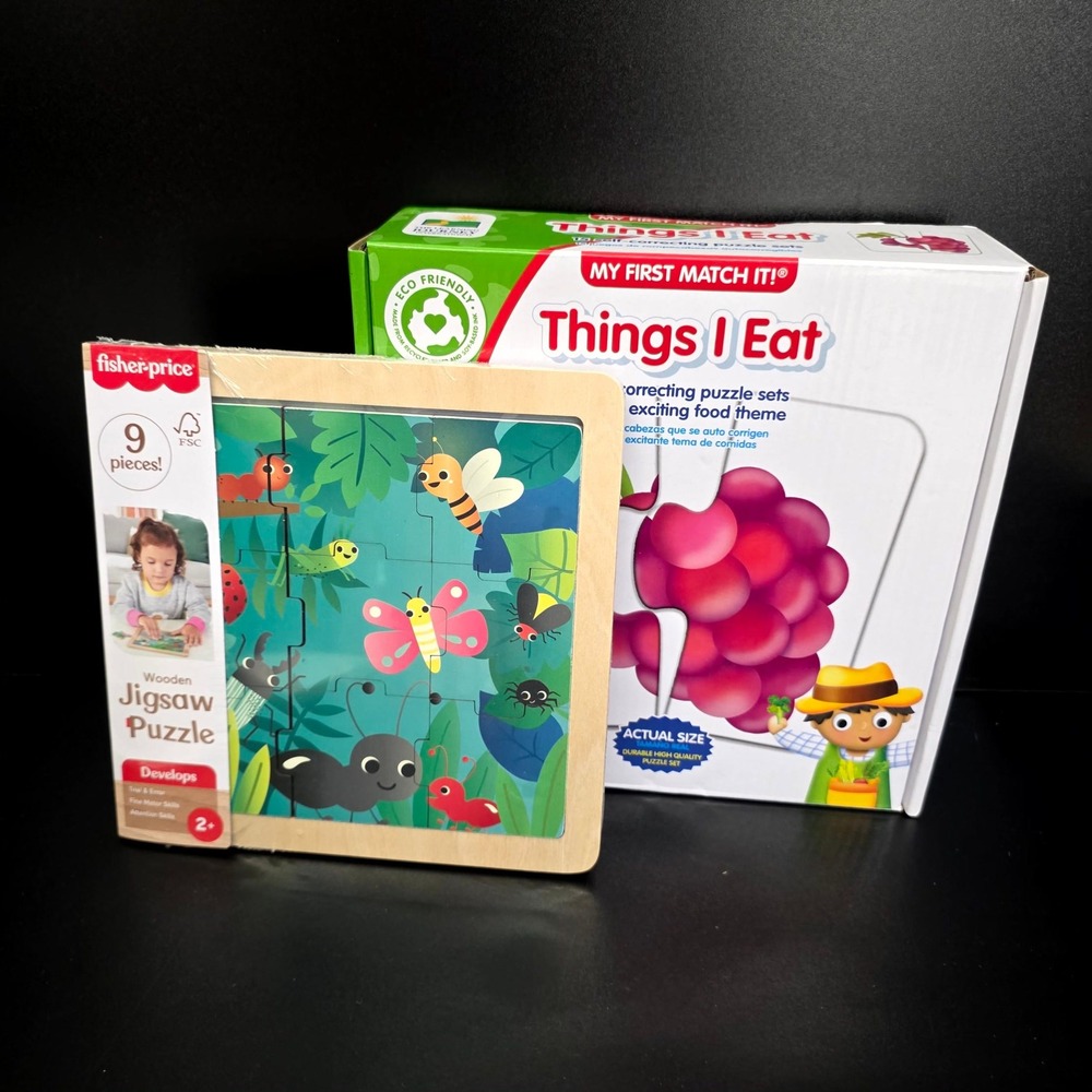 Fisher-Price Wooden Jigsaw Puzzle & Things I Eat Match It Set Toddler OS Multi